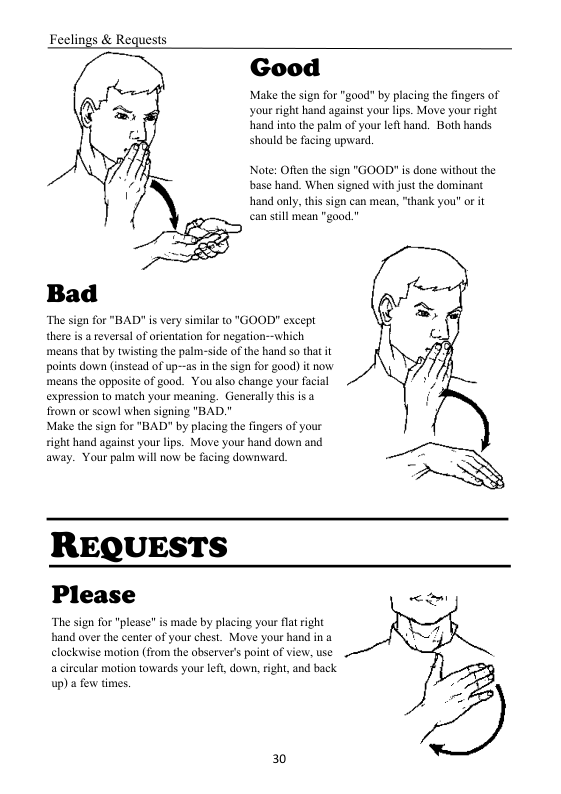 Feelings & Requests  Good  Make the sign for "good” by placing the fingers of your right hand against your lips. Move your right hand into the palm of your left hand. Both hands should be facing upward.  Note: Ofen the sign "GOOD" is done without the base hand. When signed with just the dominant hand only, his sign can mean, "thank you" or it can stil mean "good.  Bad  “The sign for "BAD" s very similar to "GOOD except there s a reversal of rientation for negation-—which ‘means that by twisting the palm-side of the hand so that it points down (instead of up--as in the sign for good) i now means the opposite of good. You also change your facial expression to match your meaning. Generally this isa frown or scowl when signing "BAD.  Make the sign for "BAD" by placing the fingers of your right hand against your lips. Move your hand down and away. Your palm will now be facing downward,  REQUESTS  Please  “The sign for "please” is made by placing your flat right hand over the center of your chest. Move your hand in o  elockwise mation (from the observer’s point of view, use  a circular motion towards your eft, down, right, and back up)a few times.  30 